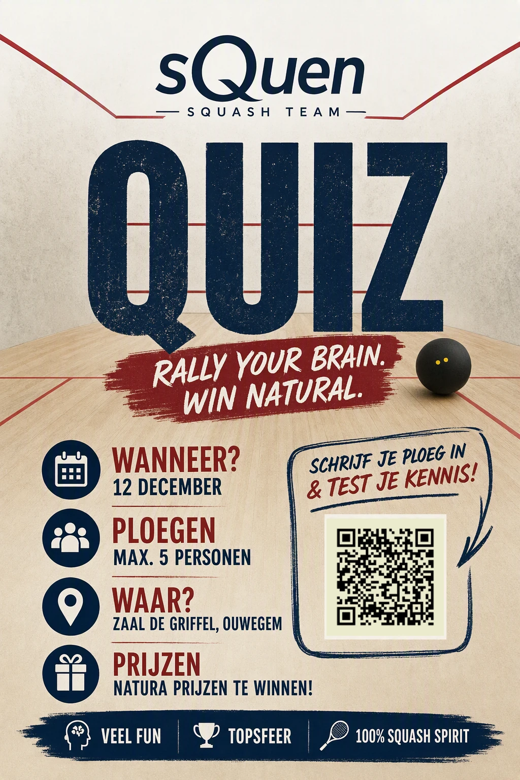 Affiche van de sQuen Quiz op 12 december 2026 in Zaal De Griffel in Ouwegem